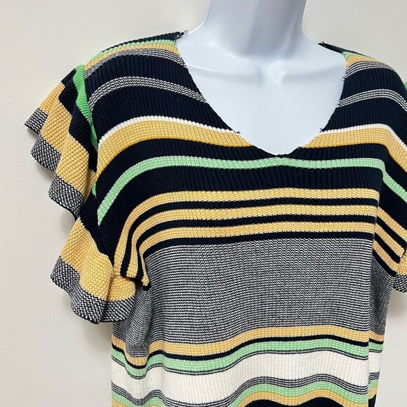 THML Womens Rib Knit Short Sleeve Sweater Size M Yellow and Blue Relaxed Fit - Picture 2 of 10